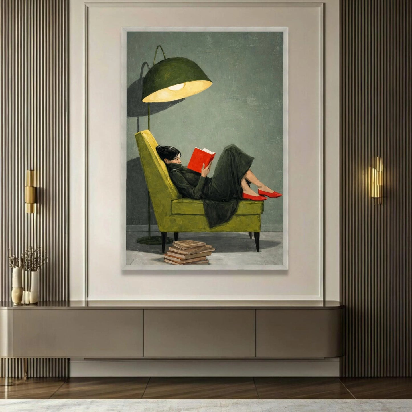 Cozy Reading Moment Canvas Wall Art, Woman on Green Chair