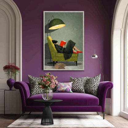 Cozy Reading Moment Canvas Wall Art, Woman on Green Chair
